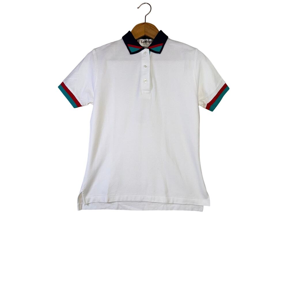 Vintage 90s Lady‎ LaMode Active Sportswear White Polo Shirt Made in USA Small